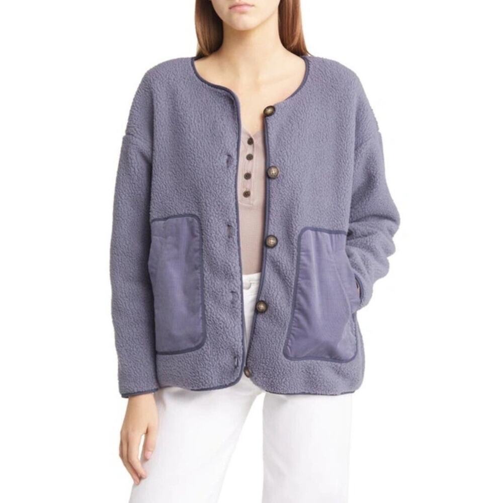 Madewell Fleece Cardigan Jacket Button Re)sourced Shacket Blue